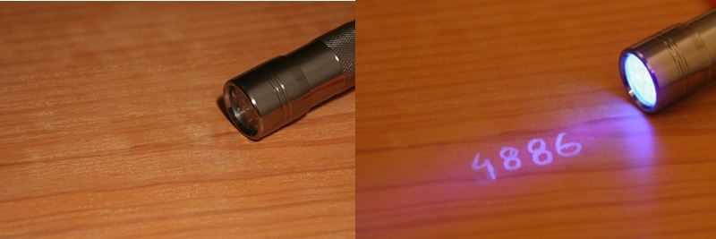 Marca UV realizada con la tinta 4886 brillando bajo luz UV