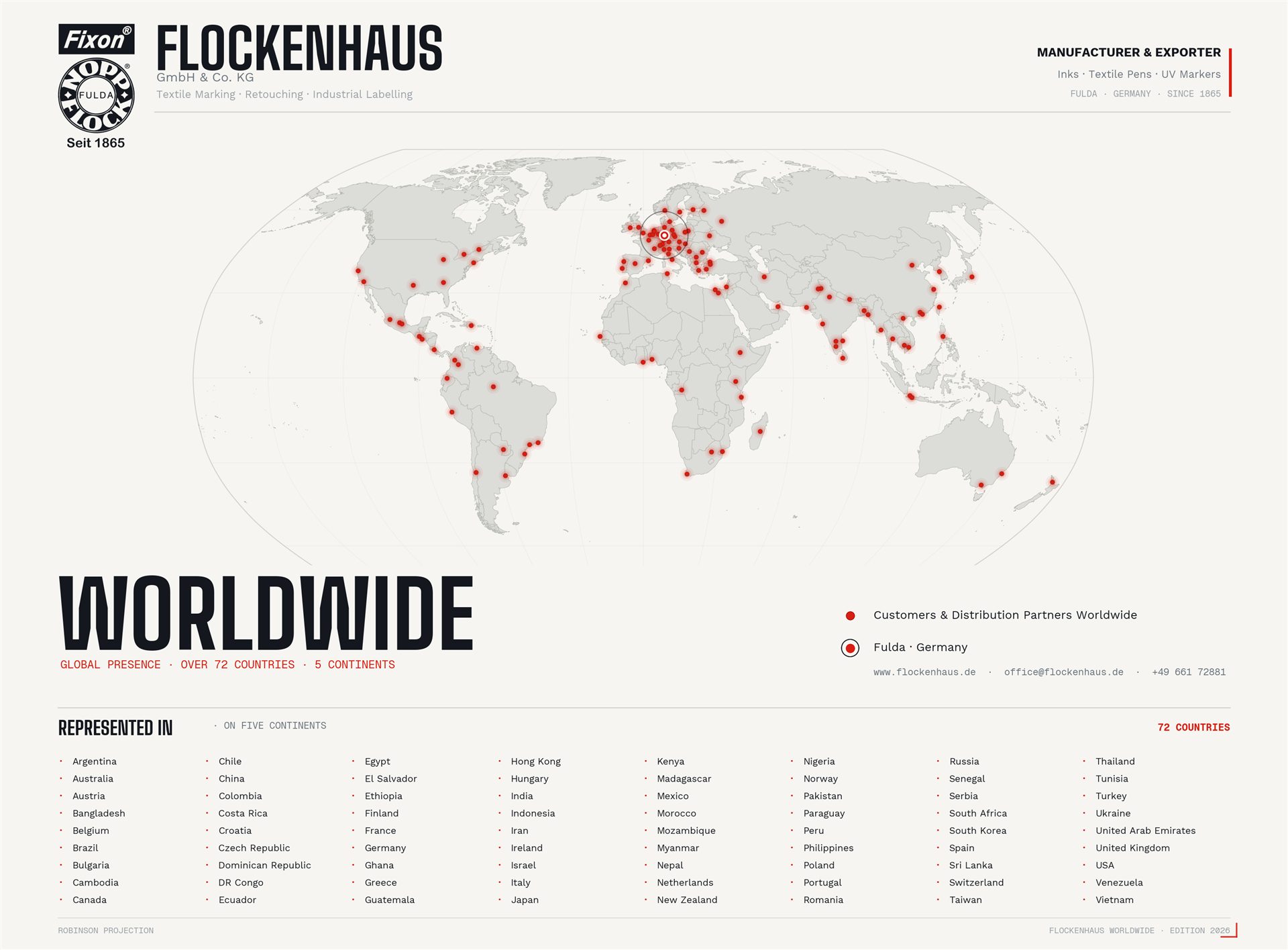 Mapa del mundo: clientes y socios de distribución de Flockenhaus en más de 72 países